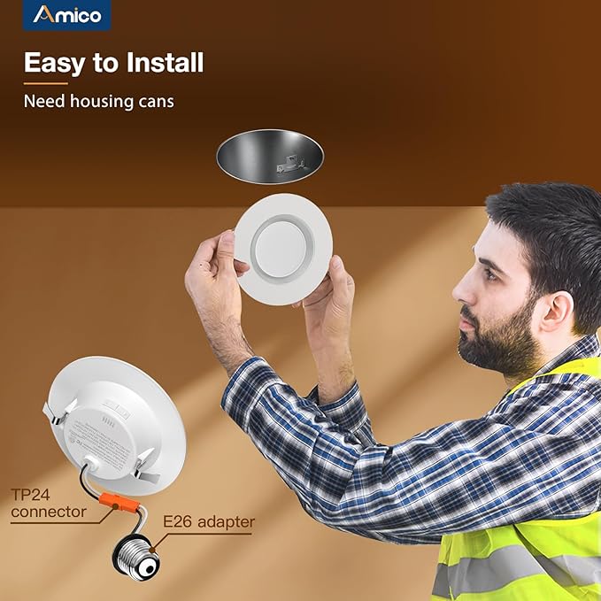 Amico 12 Pack 4 inch 5CCT LED Recessed Lighting with Night Light, 8W=60W, 700LM Can Lights with Baffle Trim, Dimmable, Retrofit Downlight, 2700K/3000K/3500K/4000K/5000K Selectable - ETL & FCC