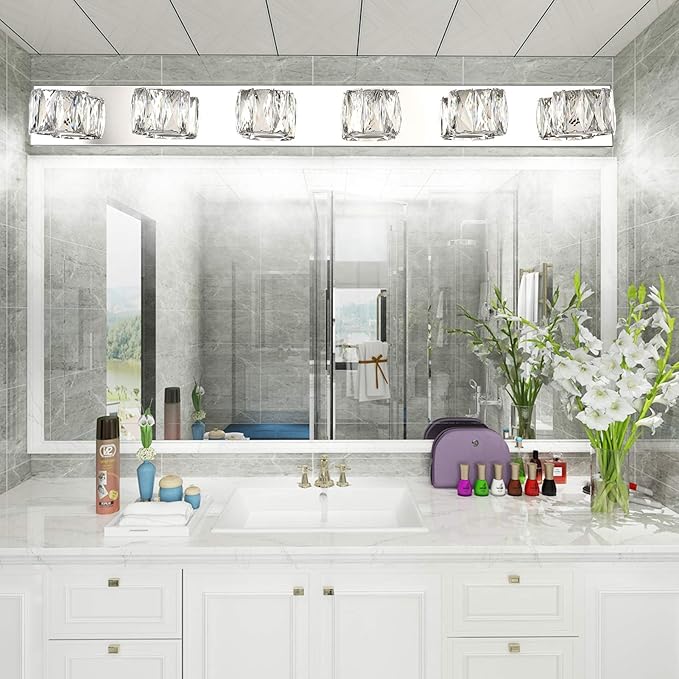 Aipsun 6 Lights 41in Crystal Vanity Lights Over Mirror Long Bathroom Lighting Fixture Modern LED Vanity Light for Bathroom,White Light 6000K