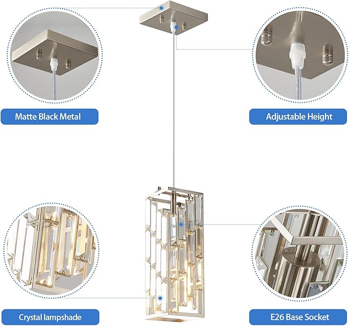 Brushed Nickel Pendant Lighting Modern Pendant Light, Mini Crystal Chandeliers,Adjustable Pendant Light Fixture for Kitchen Island Dinning Room Bedroom (1 Pack)