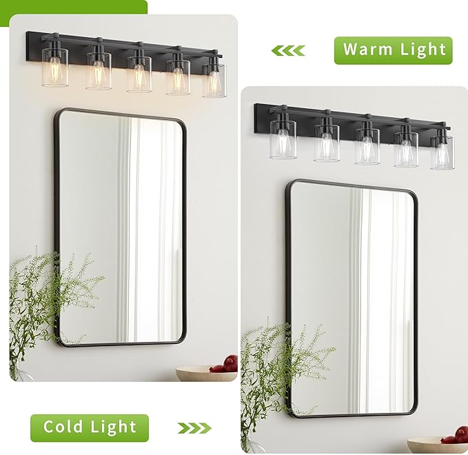 Espird Bathroom Vanity Light,5 Light Matte Black Light Fixture with Thickened Clear Glass Shade, 37 inch Modern Wall Sconce, Bathrooms Vanity Light Over Mirror for Bathroom