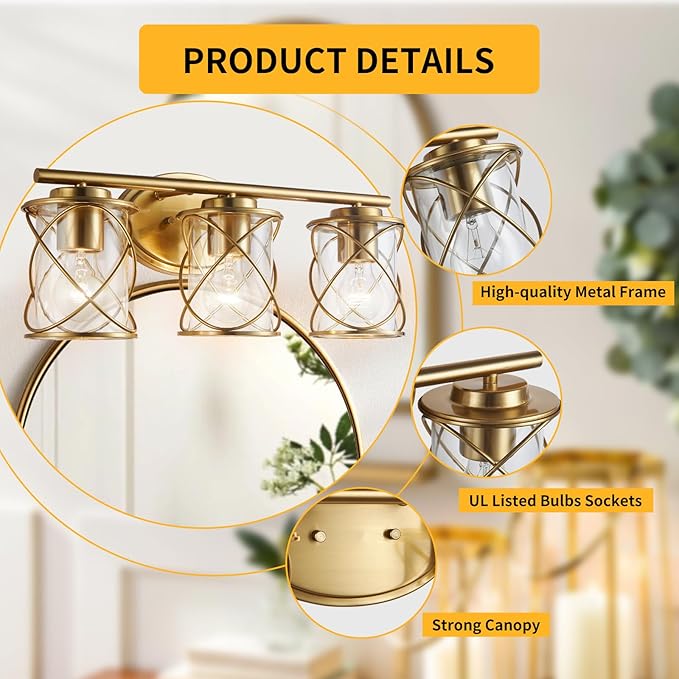 Mavcadonf Modern Vanity Lights with Cage Shade - 3 Lights, Brushed Gold, Over Mirror, for Bathroom & Kitchen