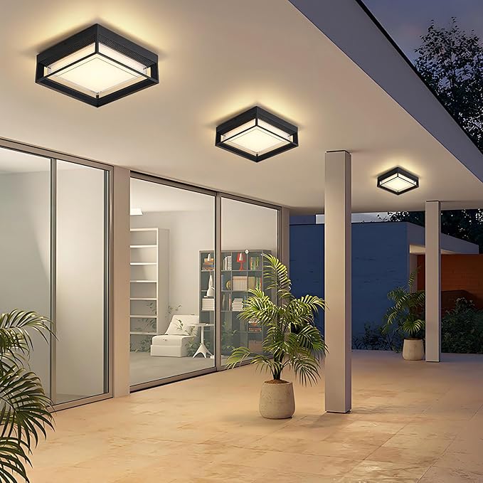 Square Flush Mount Outdoor LED Ceiling Light Fixture, 120V 24W 3000K 9 inch Medium Overhead Porch & Patio Lights Ceiling Mounted, Waterproof Suitable for Wet Areas, Black