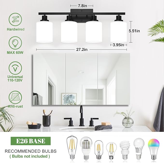 MOKATNG 4-Light Bathroom Light Fixtures, Vanity Light with Milky White Shades, Matte Black Bathroom Light Fixtures Over Mirror, Modern Bathroom Wall Lamp for Mirror Living Room Cabinet Bedroom