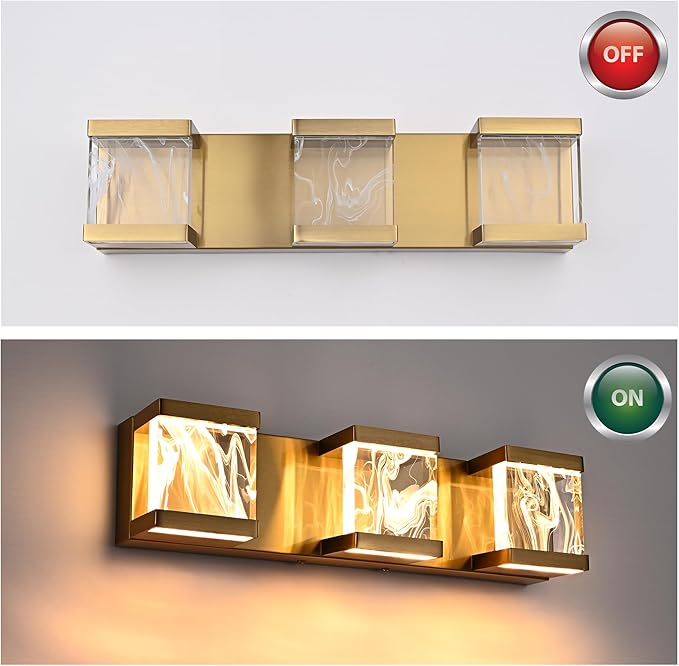 MELUCEE Modern Brass LED Vanity Lights Over Mirror 15W 3 Lights LED Bathroom Light Fixtures with Unique Smoke Acrylic Panel Bathroom Wall Sconce for Bath Powder Room, 3000K Warm Lighting