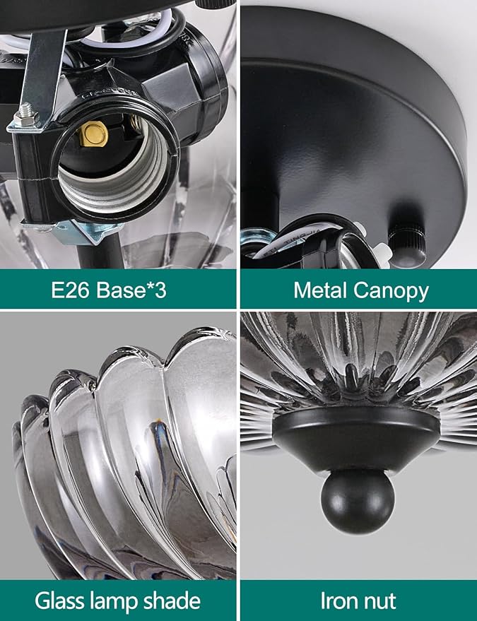 Semi Flush Mount Ceiling Light, Smoky Gray Glass Ceiling Light Fixture, 3-Bulb Modern Black Close to Ceiling Light, Vintage Glass Ceiling Lights for Bedroom Kitchen Living Room, Bulb Not Included