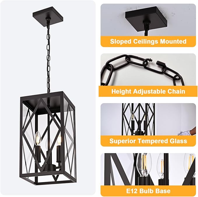 15.7'' Outdoor Pendant Lighting Fixtures 3-Light Outdoor Chandelier Oil Rubbed Bronze Exterior Hanging Porch Light Fixtures w/Glass Shade Outside Pendant Lantern for Front Porch Balcony Foyer