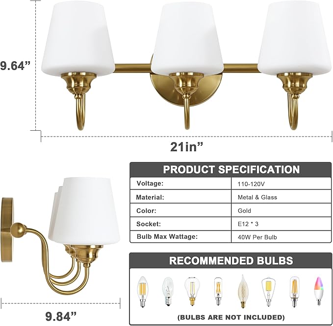 LASENCHOO 3 Lights Bathroom Vanity Light Vintage Bathroom Lighting Fixtures Over Mirror, Brass Wall Sconce Modern Wall Lights for Bedroom Living Room Hallway with Milky Glass Shade, E12 Socket