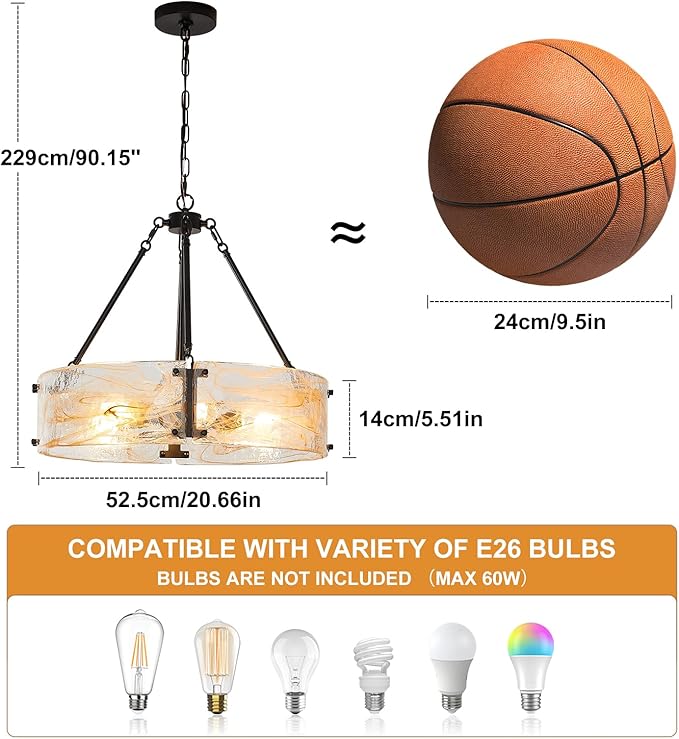 WILON Chandeliers for Dining Room, Modern Glass Pendant Light Fixtures,6-Light Foyer Kitchen Lighting Fixtures Textured Hanging Lights for Bedroom, Bathroom, Laundry Room, Entryway, Hallway (Black)