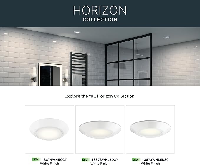 Kichler Horizon LED Downlight in White, 6.4" Flush Mount Interior Dimmable Light, 3000K, Wet Rated Integrated LED, (6.4" W x 1.3" H), 43873WHLED30, White