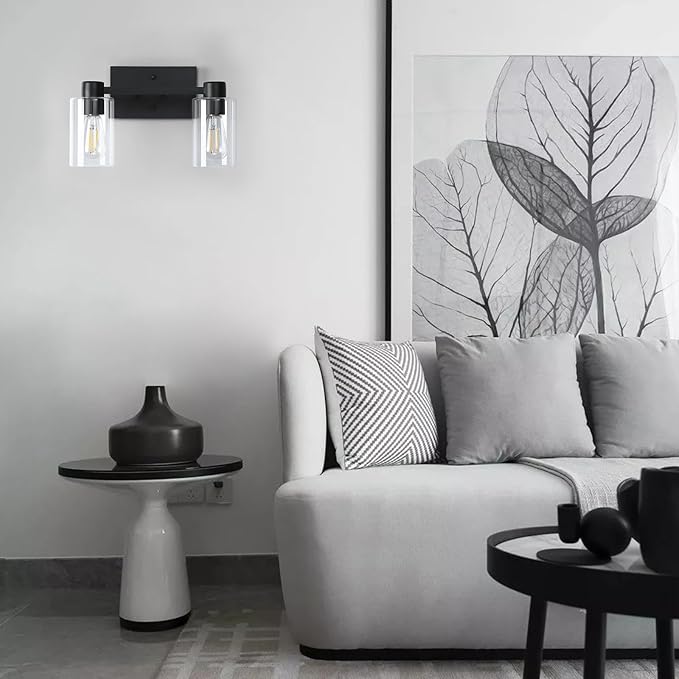 Matte Black Bathroom Light Fixtures,2-Light Bathroom Vanity Light Over Mirror with Clear Glass Shade,Modern Farmhouse Wall Sconces Lighting for Bedroom Cabinet Kitchen Living Room