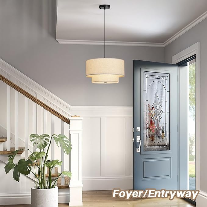 18" Modern Double Drum Fabric Pendant Light, Large Hanging Ceiling Chandelier Fixture with Dual Layer Fabric Shade, Ideal for Dining Room, Living Room, Bedroom, and Kitchen