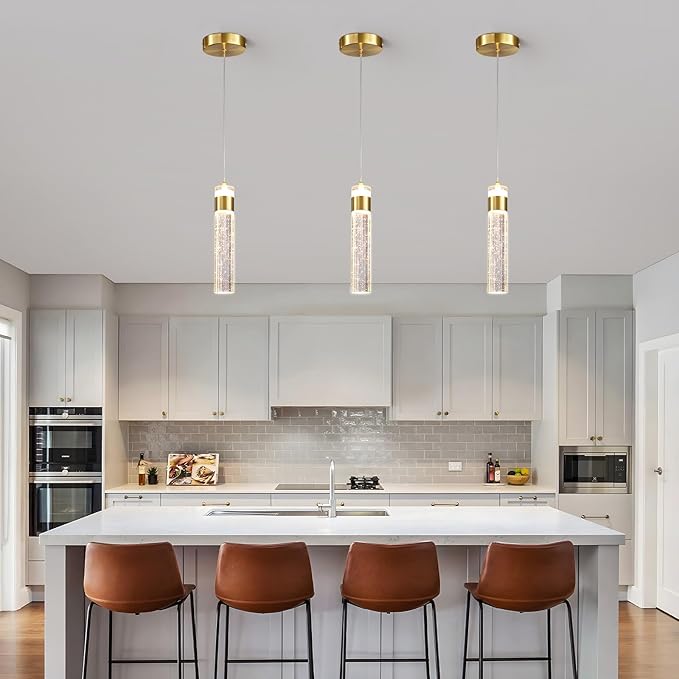 Gold Pendant Lights Kitchen Island 3 Pack Crystal Hanging Pendant Light Fixtures with Crystal Bubble 3000K LED Modern Pendant Ceiling Lighting for Dining Room Restaurant Living Room Bedroom