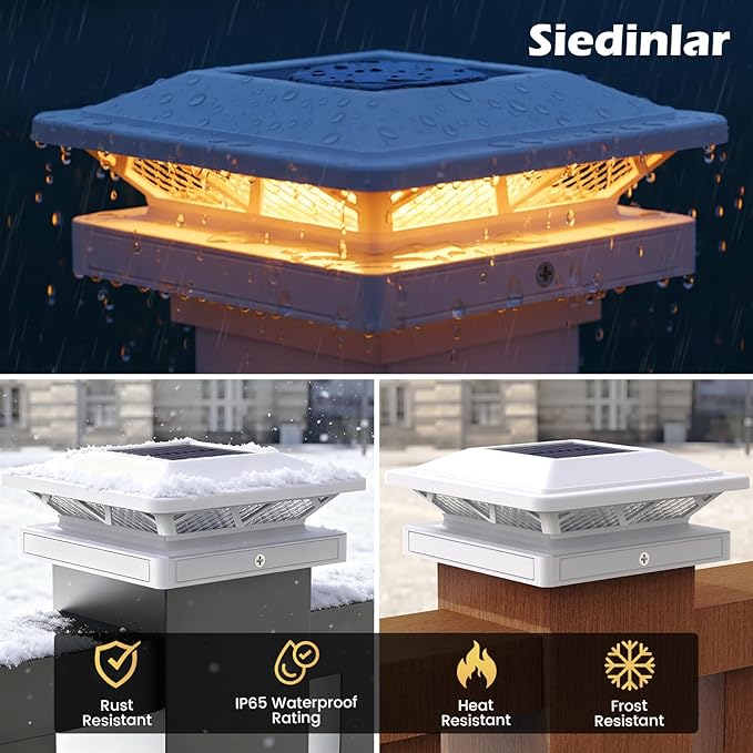 SIEDiNLAR Solar Post Cap Light 2 Modes 1 Pack, 3.5x3.5 4x4 4.5x4.5 5x5 Vinyl/Wooden Posts, Waterproof Outdoor Lighting for Fence Deck Patio Garden Decor, White/Warm (White)