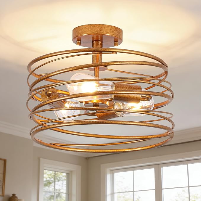 Vintage Gold 3-Light Rustic Drum Semi Flush Ceiling Light Fixture, Retro Farmhouse Chandeliers Metal Cage for Dining Room, Industrial Pendant Light Fixture for Entryway Kitchen Foyer Bedroom
