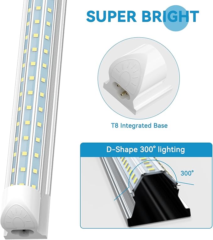 SHOPLED 4FT LED Shop Light, (6 Pack) 48W 6000K D-Shape, 7200LM Super Bright, T8 LED Tube Lights, High Output, Linkable Shop Lights with Plug for Workshop, Garage, Basement, ETL Listed
