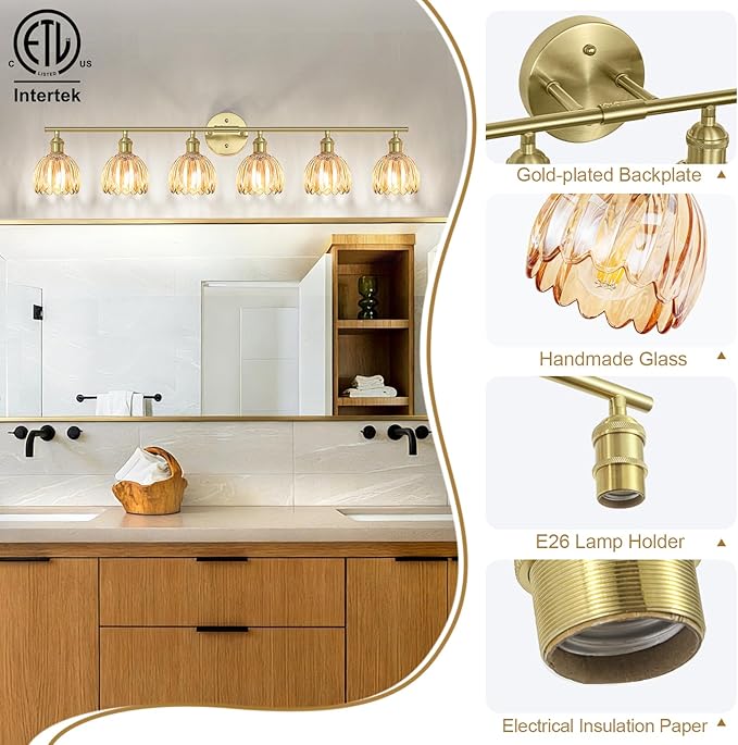 Vintage Bathroom Light Fixtures,6-Light Hardwired Vanity Lights with Amber Tulip Glass Shade,Gold Bathroom Vanity Light for Mirror Restroom,E26 Socket,40.55 in(Bulbs Not Included)