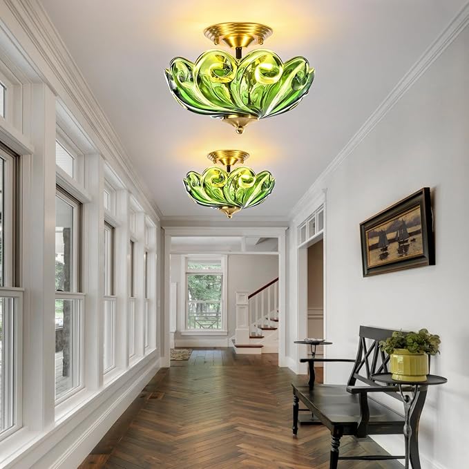 HuixuTe Modern Semi Flush Mount Ceiling Light, 3-Light Gold Close to Ceiling Light Fixture with Green Glass Shade for Living Room Entryway Bedroom