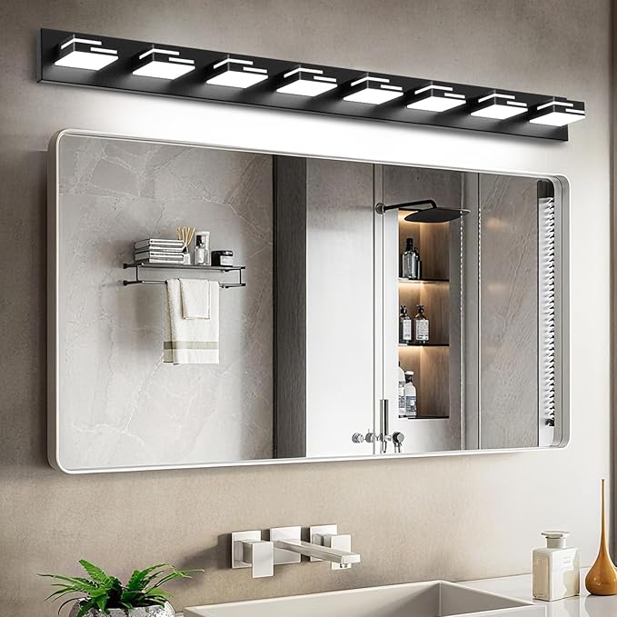 LED Modern Bathroom Vanity Light Fixtures 8-Light 55-inch 5CCT Dimmable Matte Black Vanity Lights for Bathroom Lighting Fixtures Over Mirror, with 360° Rotatable Acrylic Heads