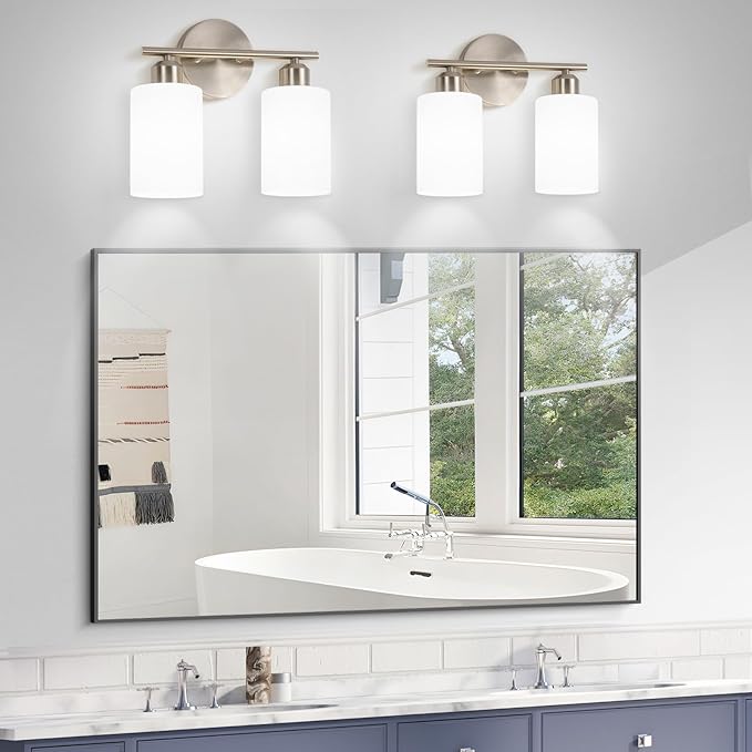 Brushed Nickel Wall Sconces Set of Two, 2-Light Modern Bathroom Light Fixtures, Wall Lamp with Milky White Frosted Glass Shades for Bathroom, Mirror, Bedroom, E26.