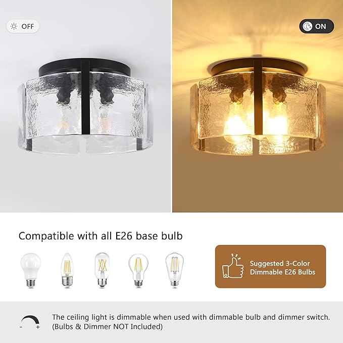 Black Semi Flush Mount Ceiling Light,Farmhouse Kitchen Light Fixture,3-Light Modern Glass Close to Ceiling Lights for Hallway Entryway Dining Room Foyer Bedroom Laundry,15 Inch