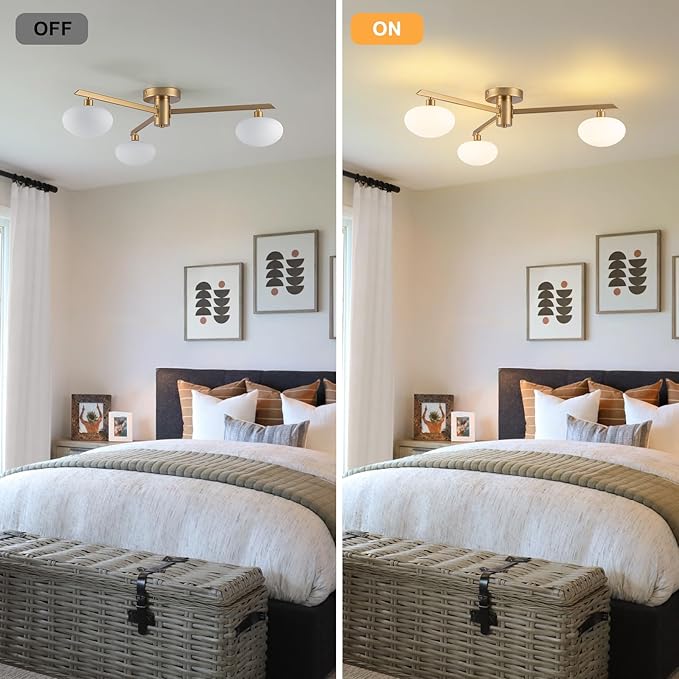 Semi Flush Mount Ceiling Light Fixture, Mid Century Modern 3-Light 22.5" Lighting Fixtures Ceiling Matte Gold Ceiling Lights for Bedroom, Entryway, Hallway, Kitchen lsland, Dining Room & Living Room
