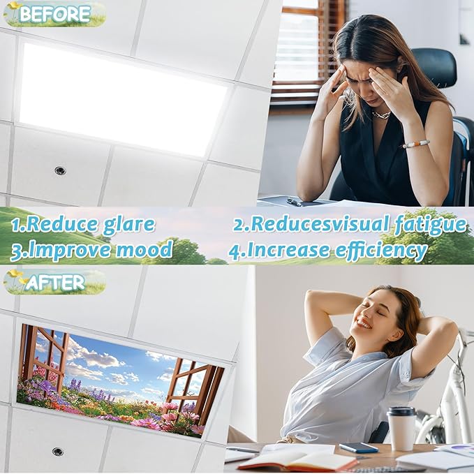 Wiooffen 6 Pcs Fluorescent Light Covers with 60 Magnets Decorative for Classroom Ceiling Light 4 x 2 Feet Magnetic Light Covers Filter Easy Install for Office Hospitals & Home(Flower Window View)