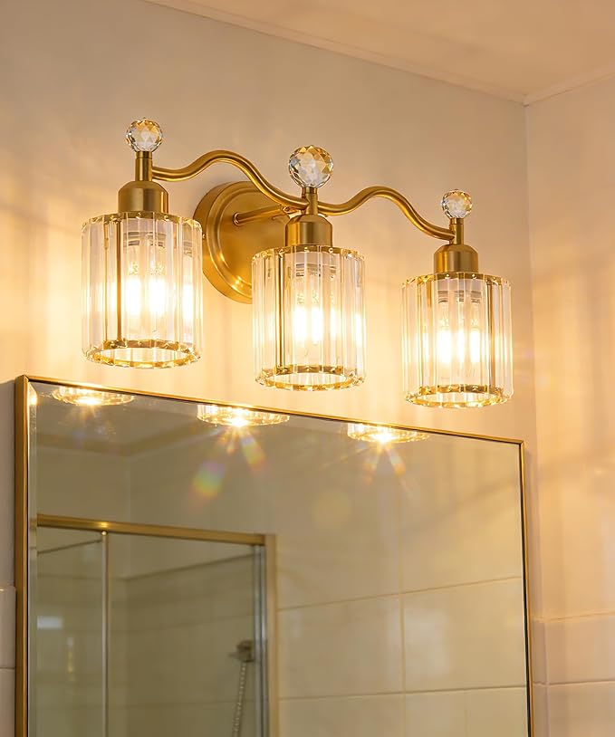 Bathroom Vanity Light Fixtures 3-lights, Gold Crystal Vanity Lights for Bath, Bathroom Lights Fixture with Clear Crystal Glass Shade, Modern Wall Light over Mirror, Wall Sconces Light for Hallway