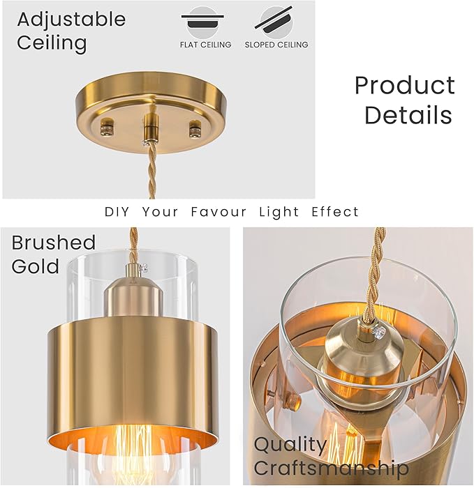 Modern Pendant Lighting, Gold Pendant Light Fixtures Ceiling Light for Kitchen Island Hallway Porch Corridor Bedroom with Clear Glass Shade, 1 Light