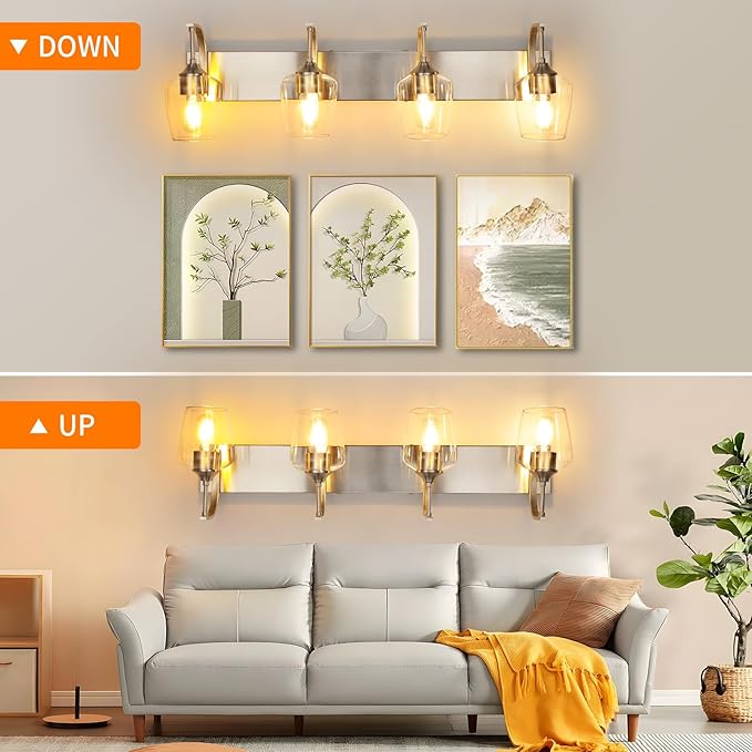 4-Light Brushed Nickel Vanity Light with Clear Glass Shade, 33.07'' Modern Wall Lights for Bathroom, Bedroom, Hallway, Living Room (E26 Base)