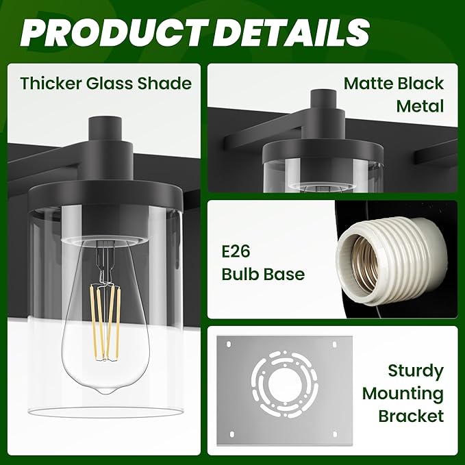 Bathroom Vanity Light, 3 Light Matte Black Vanity Light Fixture with Clear Glass Shade, 22 in Modern＆Farmhous Vanity Lights, Bathroom Light Fixtures Over Mirror for Bathrooms, Livingroom