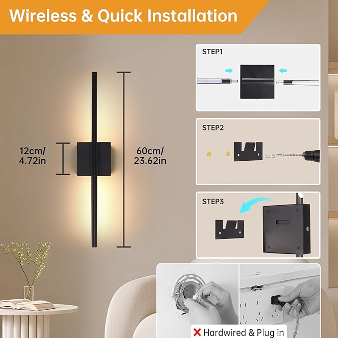 Shenmoyl Battery Operated Wall Sconce Set of 2, 8000mAh Wireless Wall Sconces, 3000K-6000K Dimmable, 350°Rotate, Indoor Wall Lights with Remote for Bedroom Living Room Bathroom, Black, 23.6 Inch