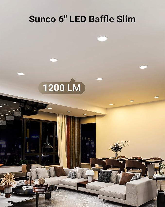 Sunco 12 Pack 6 Inch LED Recessed Light, Ceiling Canless Recessed Lights, Baffle Trim, 1200 LM, 14W, Selectable CCT 2700K/3000K/4000K/5000K/6000K, Dimmable with Junction Box