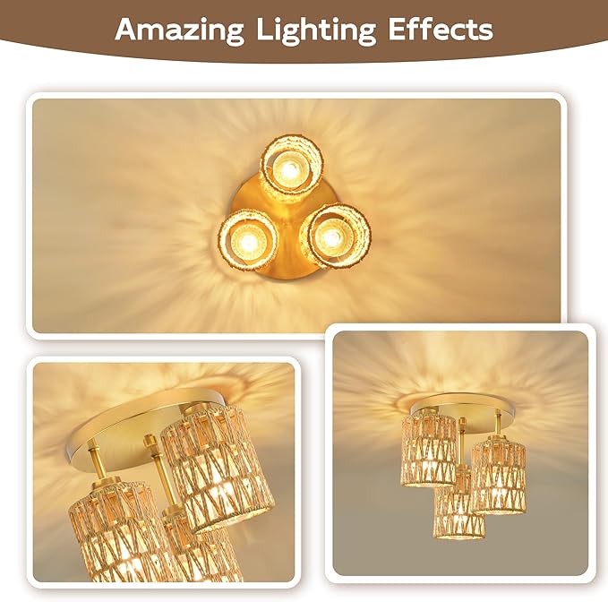 hykolity 3-Light Semi Flush Mount Ceiling Light Fixture, Boho Farmhouse Light Fixtures Ceiling Mount with Hand Woven Rattan Shade, Gold Ceiling Lighting for Kitchen, Bedroom, Entryway, Hallway, ETL