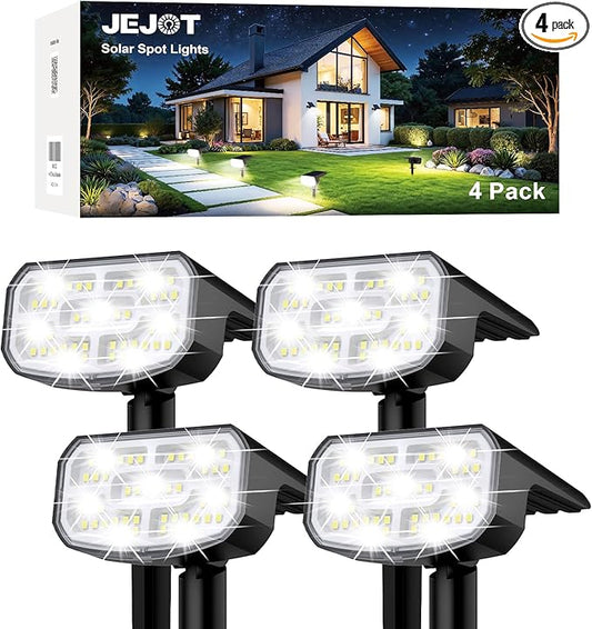 JEJOT Solar Spot Lights Outdoor Waterproof IP65,4 Pack,Cool Light,2 Lighting Modes Selectable, Solar Powered Yard Garden Solar Spot Lights for Outside Landscape Auto On/Off