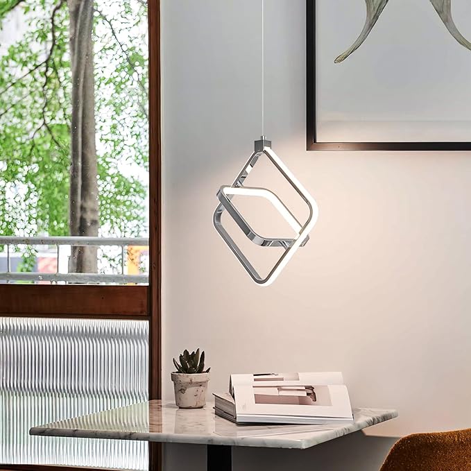 Modern LED Chandelier Chrome Rectangular Pendant Light Fixtures 4000K 20W Dimmable Height Adjustable Pendant Lighting for Dining Room Kitchen Island Bedroom Living Room Foyer（2-Pack）