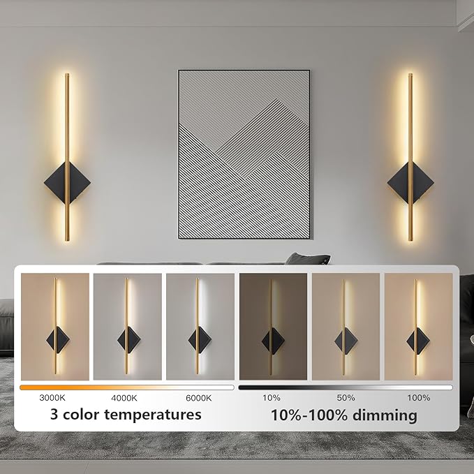 Battery Operated Wall Sconces Set of Two, Modern Sconces Wireless Cordless Rechargeable Light with Remote, Gold and Black Wall Lamp Dimmable Home Decor for Bedroom Living Room Hallway Timing 23.6 Inch