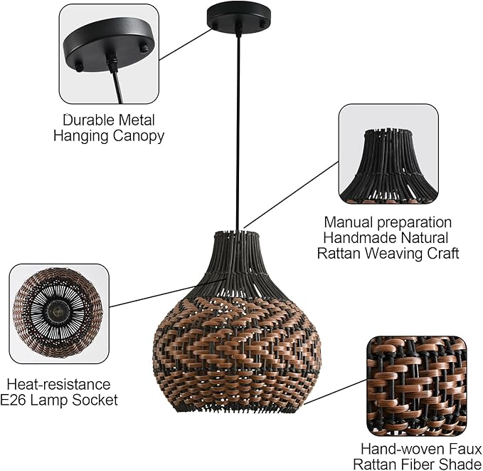 3-Pack Rattan Pendant Light 10.24" Hand-Woven Black Brown Fax Rattan Basket Chandelier Mini Boho Wicker Hanging Lamp for Dining Living Bedroom Kitchen Farmhouse