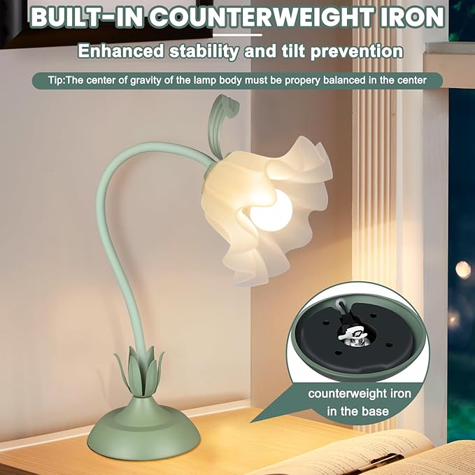 Flower Desk Lamp, LED Reading Light Flower Table Lamp, 3 Colors Flower Lamp for Girls Bedroom, Adjustable Flexible Lamp for Nightstand, Bedside Table Lamps for Bedroom, Living Room, Home Decor (Green)