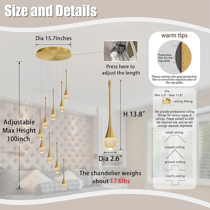 ykolupty H100'' Modern Chandelier 9-Lights Gold Foyer Entrance Chandeliers High Ceiling Chandelier LED Dimmable 2700-6000K Fixtures