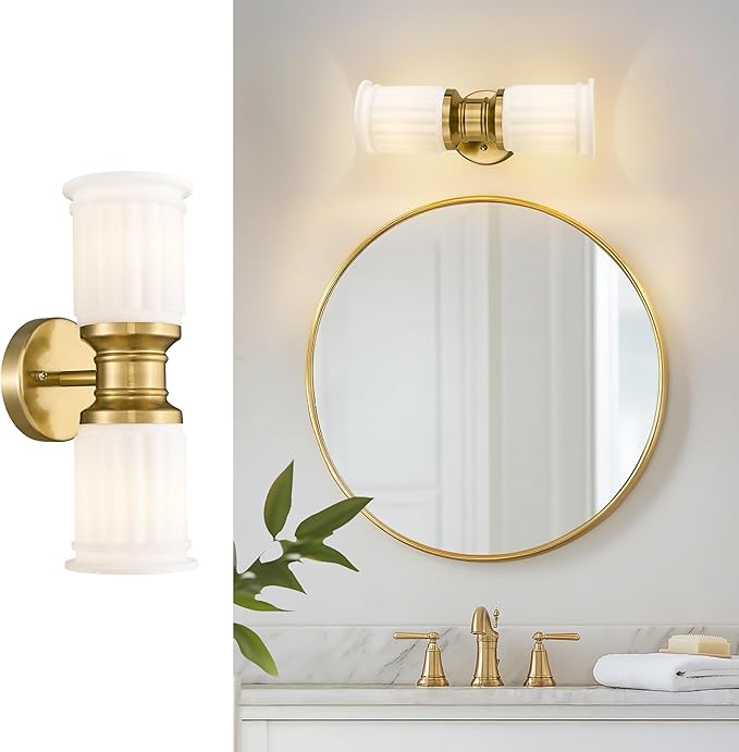Gold Sconce Wall Lighting, HWH Indoor Bathroom Sconces with Frosted White Bell-Shaped Glass, Up and Down Vanity Lights Fixtures for Bathroom, Gold Finish, 5HZG106B-2W BG-ML
