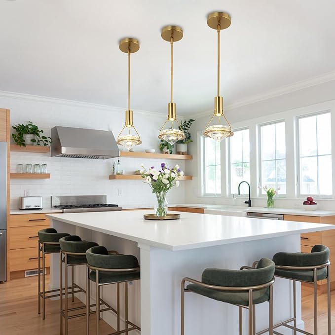 Modern Crystal Pendant Light, LED Mini Hanging Light Fixture for Dining Room, 3 Pack Diamond Crystal Chandelier, Height Adjustable Pendants Lamp, Gold Ceiling Pendant Light for Kitchen Island Bedroom