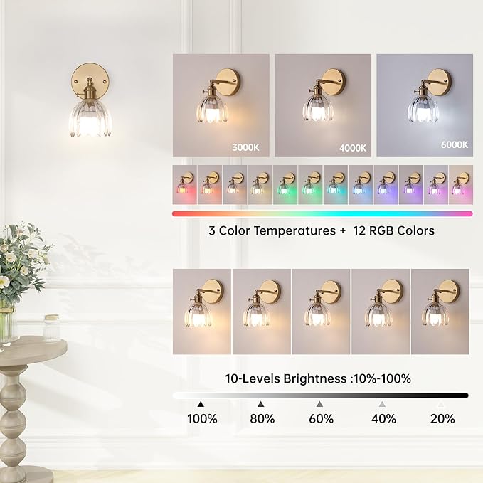 Shenmoyl Vintage Battery Operated Wall Sconce with Transparent Tulip Glass Lampshade Rechargeable Battery Powered Wall Light with Remote Control for Bedside Bedroom Doorway, Set of 2