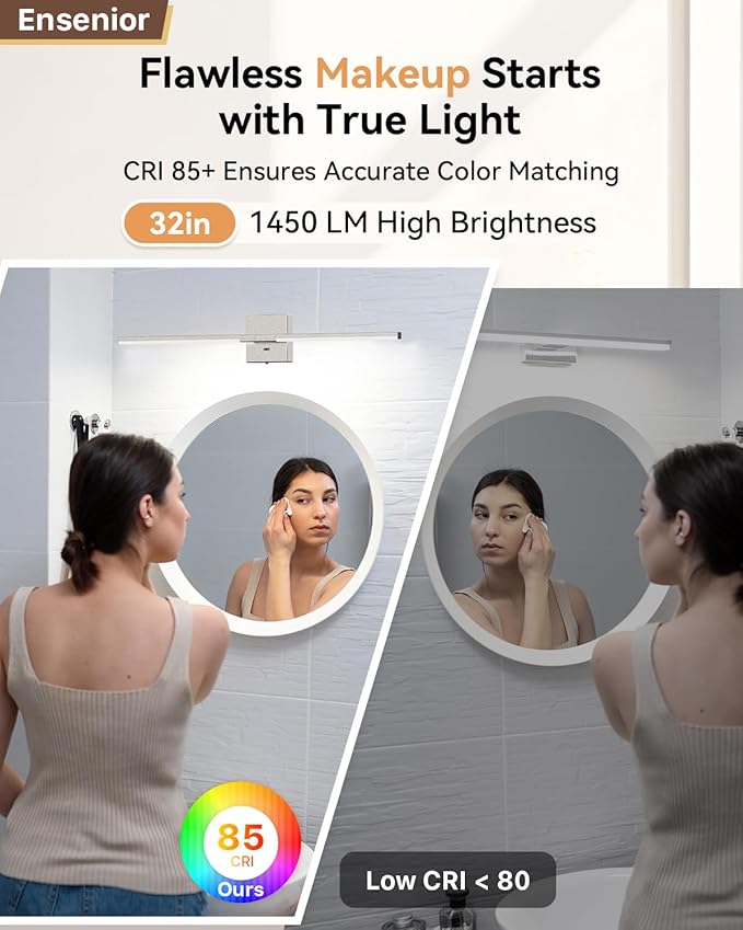Ensenior Modern Brushed Nickel Bathroom Vanity Light 32 inch, Built-in Dimmer, 1450LM Dimmable 5CCT Led Bath Lights, Bar Vanity Light for Bathroom Mirror Cabinets Bedroom-FCC & ETL Certificated