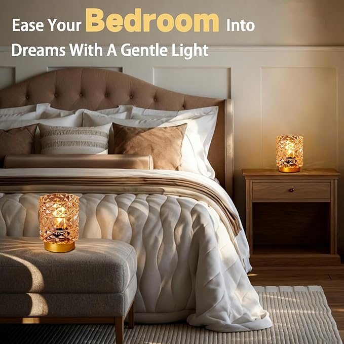 Battery Operated Lamp with Timer, Cordless Table Lamps for Shelf Decor, Rhombus Texture Aesthetic Crystal Lamp, Small Decorative Lamps for Bedroom/Bathroom/Kitchen/Entryway/Dorm (2 Pack Yellow)