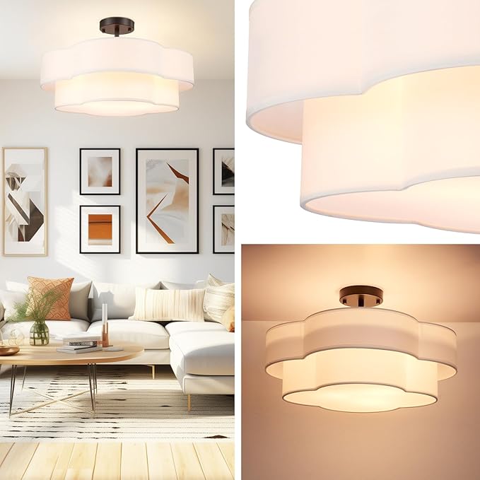 Hamilyeah 20 inch Ceiling Light Fixture with Fabric Shade, Scalloped Flush Mount Ceiling Light Flower Shaped, Drum Light Fixture Ceiling Mount for Living Room, Bedroom, Nursery, Kitchen