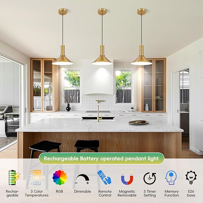 Battery Operated Pendant Lights 2 Pack,Rechargeable Pendant Light with Remote,Gold Pendant Light Fixtures for Kitchen island,Modern Industrial hanging Lights for Dining Room Hallway Entryway Bedroom