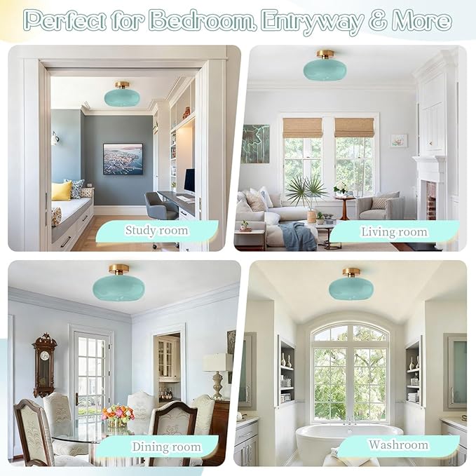 Blue Ceiling Light 1-Lamp Glass Flush Mount Ceiling Light Fixtures Milk Glass Shade Mid Century Flush Mount Lights Gold Brass Copper Close to Lighting for Hallway Entrance