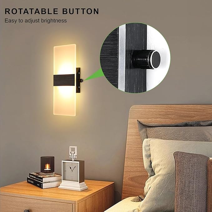 Lightess Indoor Wall Sconce with Switch 12W LED Modern Wall Light, Acrylic Dimmable Wall Lamp, Black Wall Mounted Lighting Fixture for Bedroom Living Room Hallway, Warm White, 1 Pack