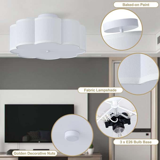 17.7" Semi Flush Mount Ceiling Light Fixture, 3-Light Modern Close to Ceiling Light with Fabric Flower-Shaped Shade, Light Fixtures Ceiling Mount for Bedroom Nursery(White)