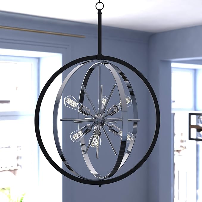VAXCEL Estelle 26.75-in Polished Nickel and Black Mid Century Modern 6 Light Globe Sputnik Hanging Ceiling Pendant Chandelier
